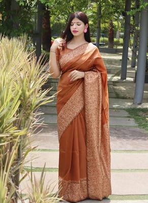 Orange Contrast Thread Work Raw Silk Saree Set 1