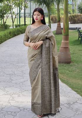 Grey Contrast Thread Work Raw Silk Saree Set 1