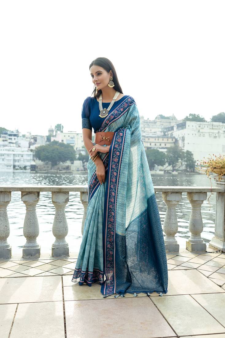 Sky Blue banarasi Drep Style Indian Treaditional silk blend saree with Beautiful Blouse