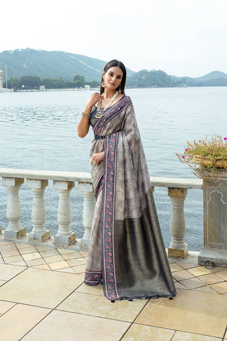 Grey banarasi Drep Style Indian Treaditional silk blend saree with Beautiful Blouse