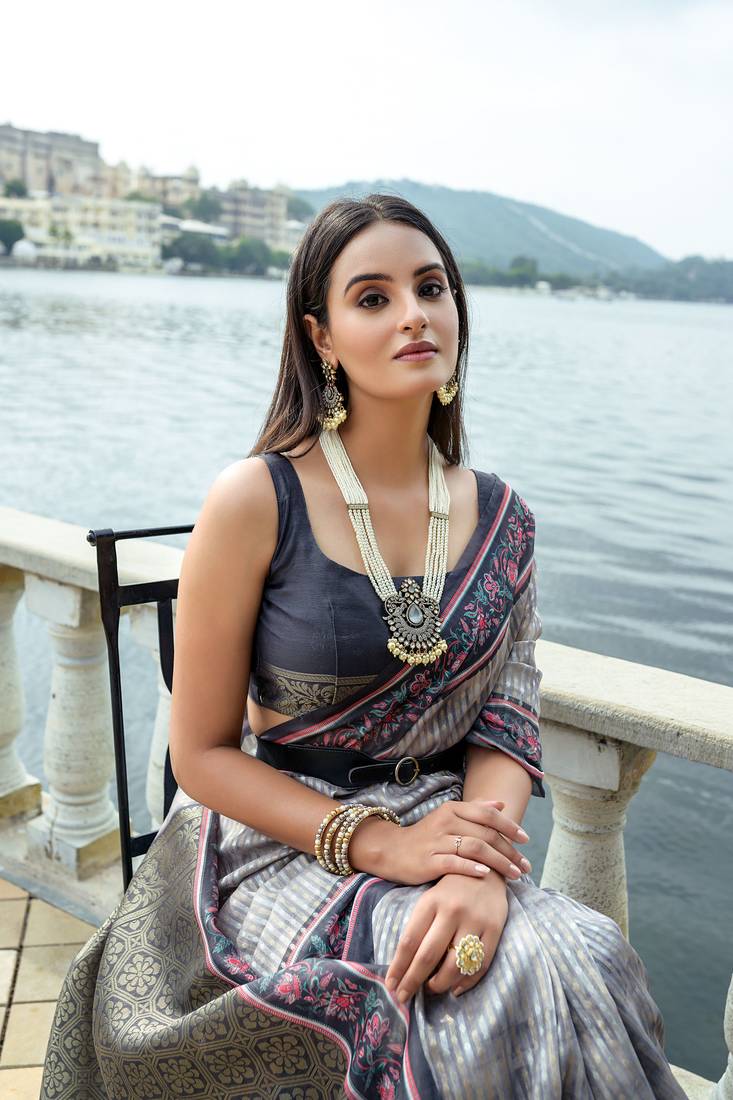 Grey banarasi Drep Style Indian Treaditional silk blend saree with Beautiful Blouse