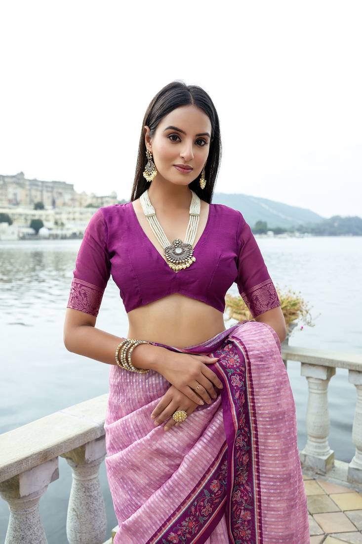 Pink banarasi Drep Style Indian Treaditional silk blend saree with Beautiful Blouse