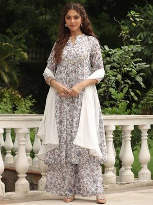 Janasya women's white georgette floral printed a-line kurta set 1