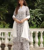 Janasya women's white georgette floral printed a-line kurta set