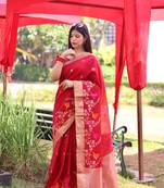 Red Faux Linen Floral Printed Zari pallu Border Saree with Blouse
