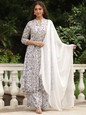 Janasya women's white georgette floral printed a-line kurta set 2