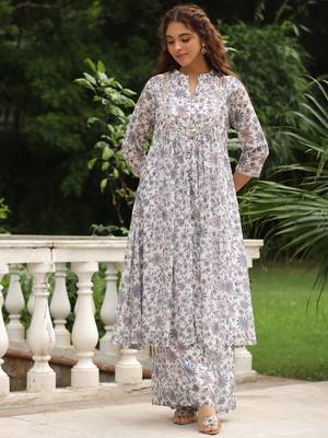 Janasya women's white georgette floral printed a-line kurta set 4