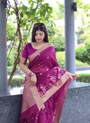 Wine Faux Linen Floral Printed Zari pallu Border Saree with Blouse 3