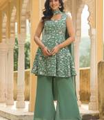 Janasya women's sage green georgette embroidered a-line kurta set
