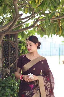 Brown Faux Linen Floral Printed Zari pallu Border Saree with Blouse 3