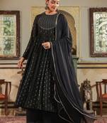 Janasya women's black georgette foil printed anarkali kurta set