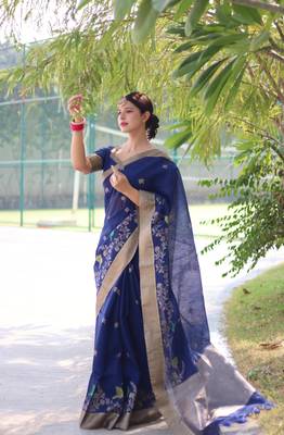 Navy Blue Faux Linen Floral Printed Zari pallu Border Saree with Blouse 1