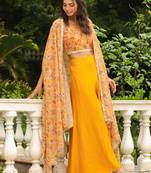 Janasya women's mustard georgette floral printed top with palazzo & cape set