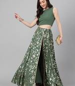 Janasya Women's Olive Green Crepe Solid Lehenga Choli With Pant