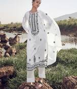 Janasya women's white cotton embroidered straight kurta set