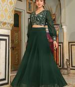 Janasya women's dark green georgette zari embroidered crop top with skirt set