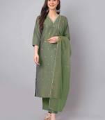 Janasya women's green silk blend embroidered regular kurta set