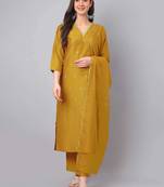 Janasya women's mustard silk blend embroidered regular kurta set