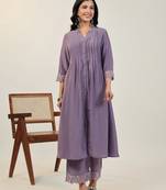 Janasya women's lavender silk blend embroidered a-line kurta set