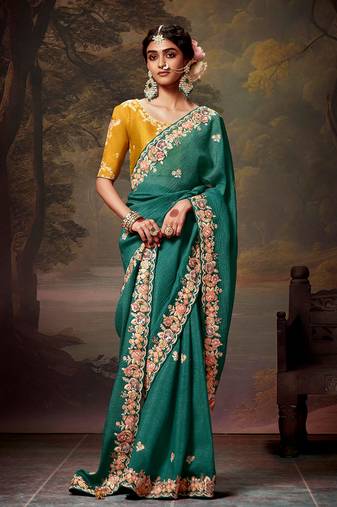 Organza Embroidered Thread Work Teal Designer Saree