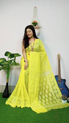Yellow Cotton Silk Bengal Handloom Traditional Saree 1