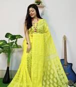 Yellow Cotton Silk Bengal Handloom Traditional Saree