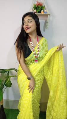 Yellow Cotton Silk Bengal Handloom Traditional Saree 2