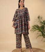 Janasya women's navy blue pure cotton ethnic motifs angrakha co-ord set