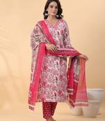 Janasya women's off white pure cotton floral printed straight kurta set