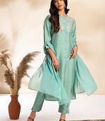 Janasya women's sage green silk blend yoke embroidery straight kurta set