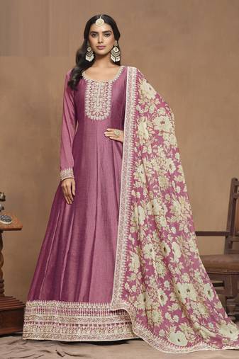 Pink Color Art Silk Anarkali suits with Organza Print Dupatta			