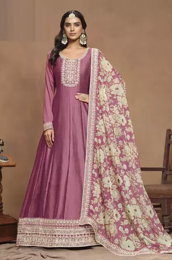 Pink Color Art Silk Anarkali suits with Organza Print Dupatta			