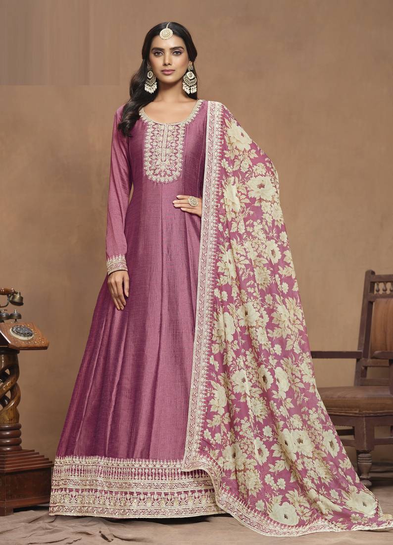 Pink Color Art Silk Anarkali suits with Organza Print Dupatta			