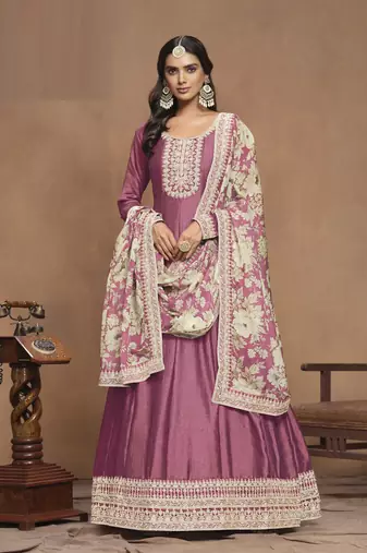 Pink embroidered Art Silk Anarkali suit with Dupatta			