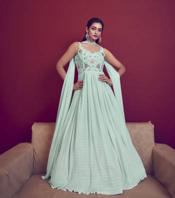 Sky blue thread and sequince embroidered work georgette anarkali salwar suit with fancy shoulder dupatta stitched gown 1