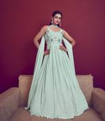 Sky blue thread and sequince embroidered work georgette anarkali salwar suit with fancy shoulder dupatta stitched gown