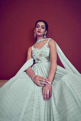 Sky blue thread and sequince embroidered work georgette anarkali salwar suit with fancy shoulder dupatta stitched gown 2