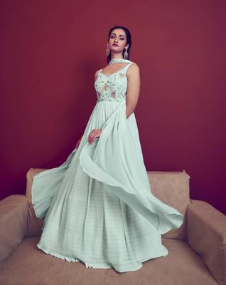 Sky blue thread and sequince embroidered work georgette anarkali salwar suit with fancy shoulder dupatta stitched gown 3