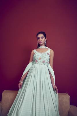 Sky blue thread and sequince embroidered work georgette anarkali salwar suit with fancy shoulder dupatta stitched gown 4