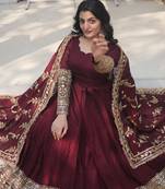 Maroon  Designer Wedding N Karwa Couth Wear Embroidery Work Gown With Dupatta 