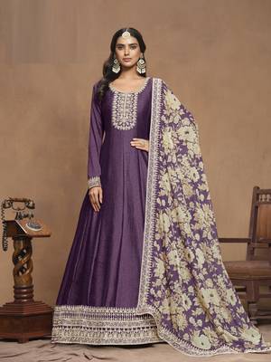Purple embroidered Art Silk Anarkali suit with Dupatta			 1