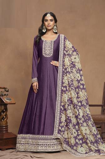 Purple Color Art Silk Anarkali suits with Orgenza Print Dupatta			