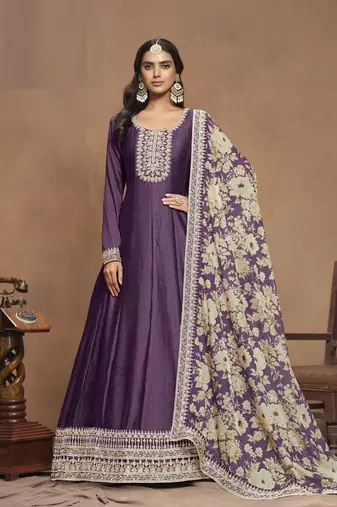 Purple Color Art Silk Anarkali suits with Orgenza Print Dupatta			
