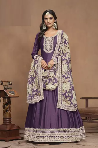 Purple embroidered Art Silk Anarkali suit with Dupatta			