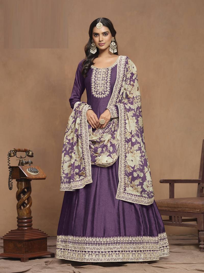 Purple Color Art Silk Anarkali suits with Orgenza Print Dupatta			