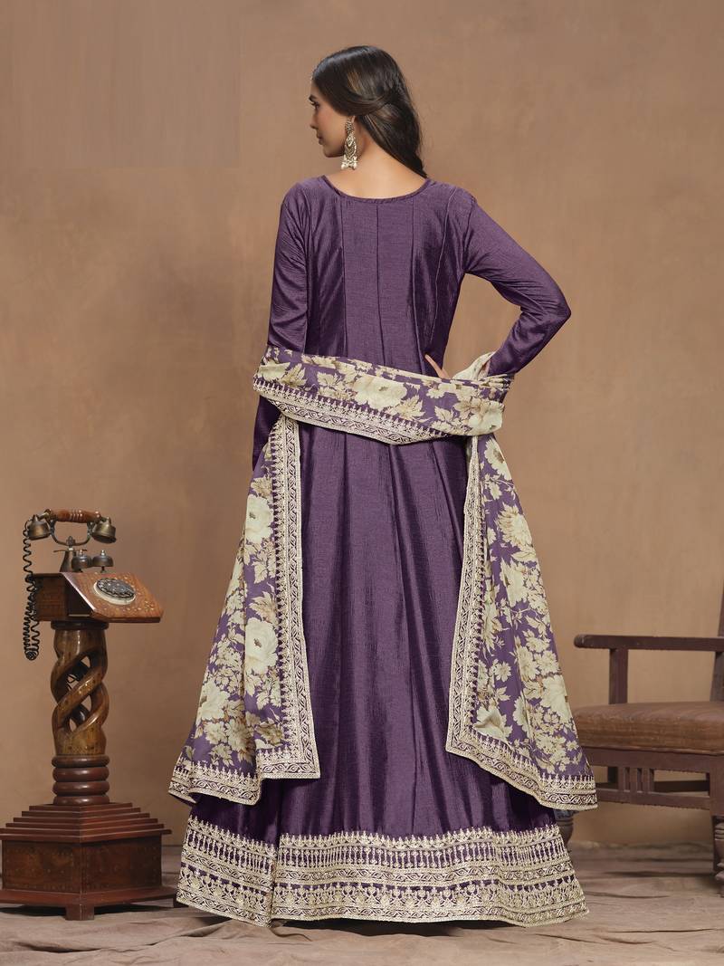 Purple Color Art Silk Anarkali suits with Orgenza Print Dupatta			