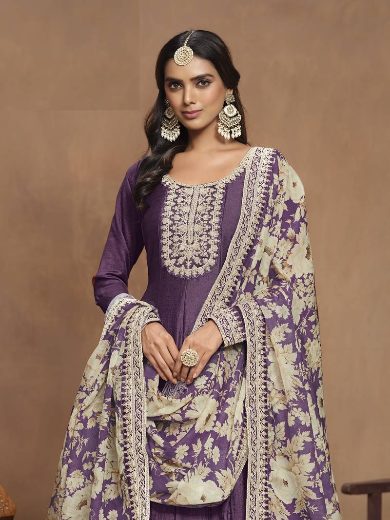 Purple Color Art Silk Anarkali suits with Orgenza Print Dupatta			