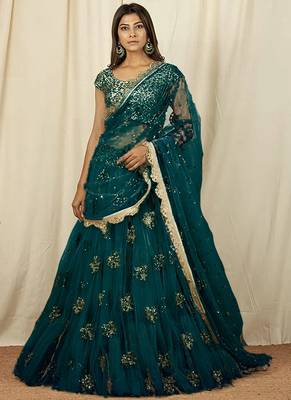 Teal Green Net Embroidered Umbrella Lehenga Choli Party Wear 1