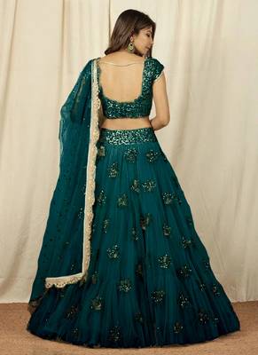 Teal Green Net Embroidered Umbrella Lehenga Choli Party Wear 2