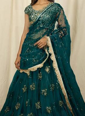 Teal Green Net Embroidered Umbrella Lehenga Choli Party Wear 3